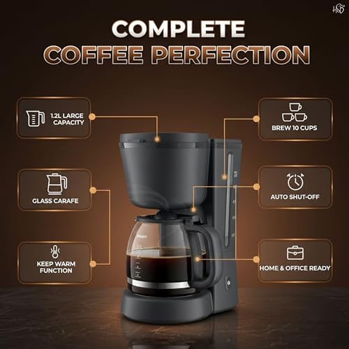 Image of Drumstone 1.2L Drip Coffee Maker with Glass Carafe, 10-Cup Coffee Machine with Keep Warm Plate & Auto Shut-Off for Home, Office & Daily Brewing