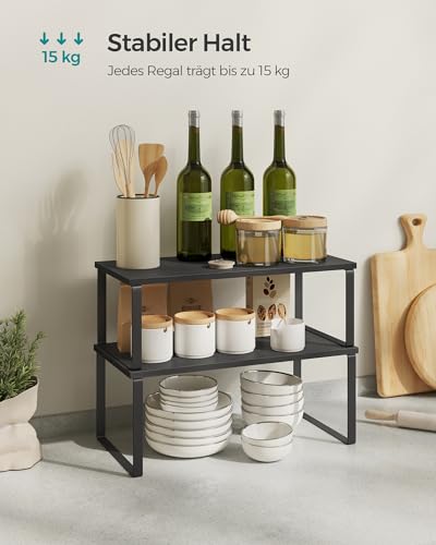 SONGMICS Gewürzregal, 4er Set, Küchenregal, Küchen-Organizer, erweiterbar, Gewürzhalter, stapelbar, mit Metallrahmen, 19,5 x 39,7 x 15,8 cm, tintenschwarz-ebenholzschwarz KCS028B01