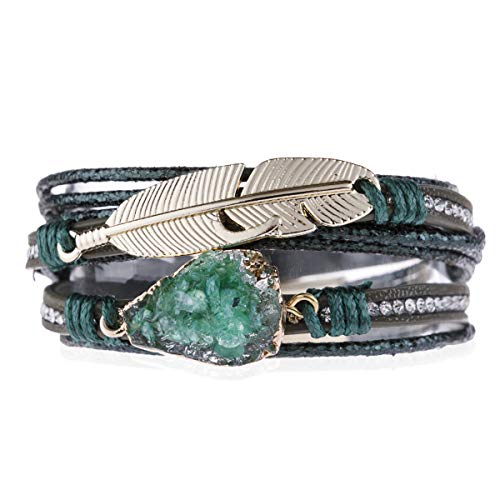 RIAH FASHION Bohemian Leatherette Wrap Multi Layer Statement Bracelet - Wrist Cuff Cubic Rhinestone, Sparkly Bead, Faux Druzy Crystal, Natural Stone Pearl (Boho Feather & Druzy Mix - Dark Green)