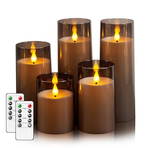 Image of Fo32won Grey LED Flameless Pillar Candles Battery Operated with Remote Timer, 5 Pack 3D Flickering Acrylic Candles for Home Living Room Bedroom Fireplace Wedding Party Holiday Decor & Gift