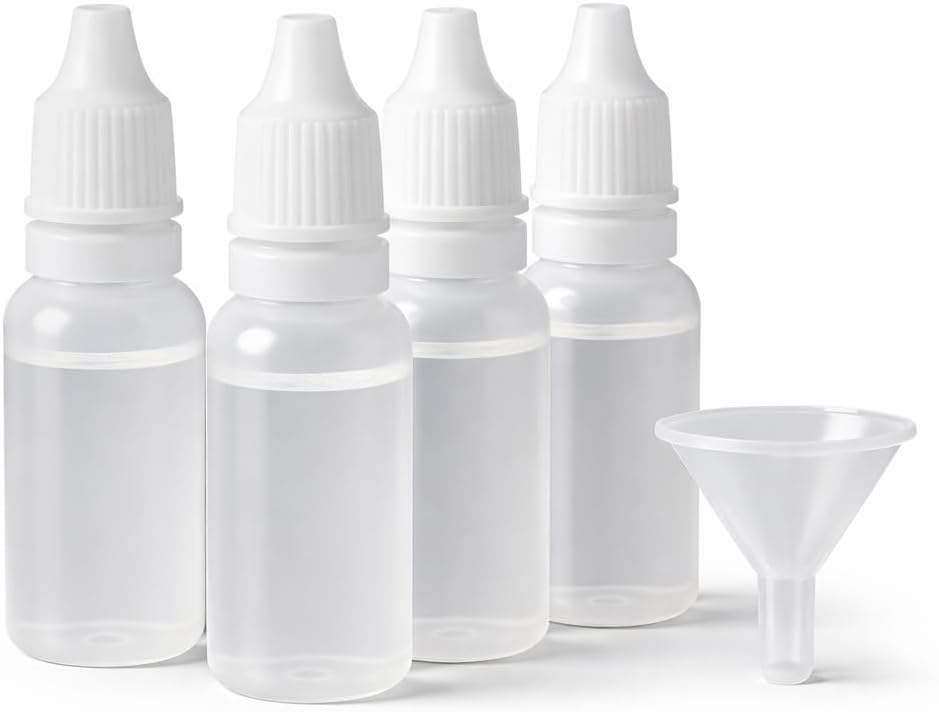 Adkoat® 5PCS - 4 Plastic Dropper Bottles with 1 Funnel - 15ml / 0.5oz Empty Refillable Squeeze Eye Liquid Bottle with Protective Cap - Leak-Proof BPA Free Small Travel Container for Saline Serums Oil