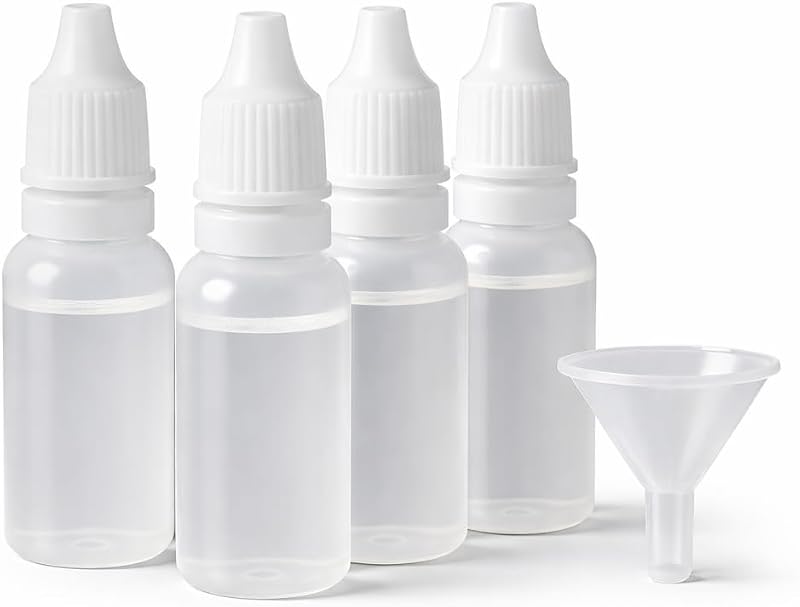 Adkoat® 5PCS - 4 botellas cuentagotas vacías de plástico con 1 embudo - 15 ml / 0,5 oz | Botella de líquido para ojos rellenable con tapa protectora, sin BPA | Contenedor de viaje pequeño a prueba de fugas para aceite de sueros salinos