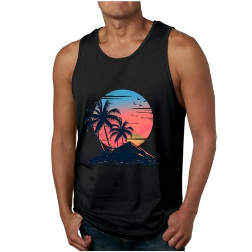 Mens Tank Tops Beach Hawaiian Sleeveless Gym Workout Tee Tops Summer Fashion Palm Tree Print Graphic Tee Shirts Black 4X