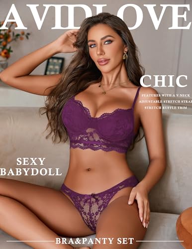 Image of Avidlove Lingerie for Women Lace Strappy Underwear V Neck Bra and Panty Sets 2 Piece Bralette Outfits