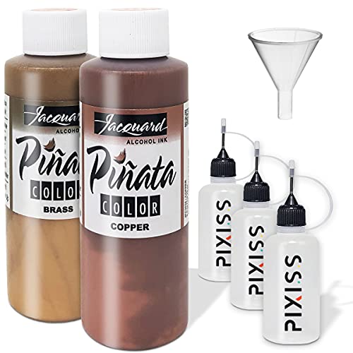 Jacquard Pinata Metals Bundle - Brass and Copper Colors (4-Ounce Bottles), 3 Pixiss 20ml Needle Tip Applicator and Refill Bottles and 1.5 inch Funnel Bundle for Yupo and Resin