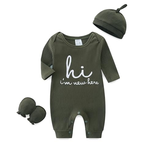 Newborn Boy Outfits Baby Romper Hat and Gloves Ribbed Long Sleeve Button Solid Bodysuit Letter Print Jumpsuit 0-3 Months Dark Green