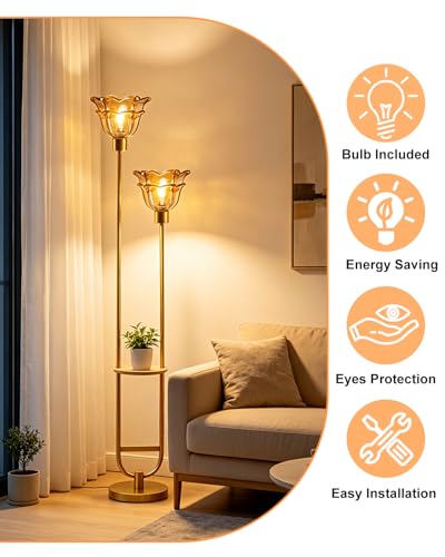 Image of Glass Floor Lamp with Shelf 2-Lights Gold Floor Lamp with Amber Glass Shade, Mid Century Modern Standing Tall Lamps with Foot Switch for Living Room Bedroom Home Office Decor (Bulbs Included)