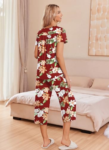 Image of Ekouaer Women's Pajama Sets Short Sleeve Sleepwear Button Up Pj Loungewear Top and Capri Pants with Pockets