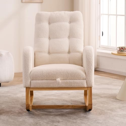Image of Rocking Chair with Foot Rest, Nursery Rocking Chairs with Rubber Wood Legs, High Back Pocket Modern Upholstered Glider Chair, Comfy Accent Rocker Armchair for Living Room Bedroom,Beige White