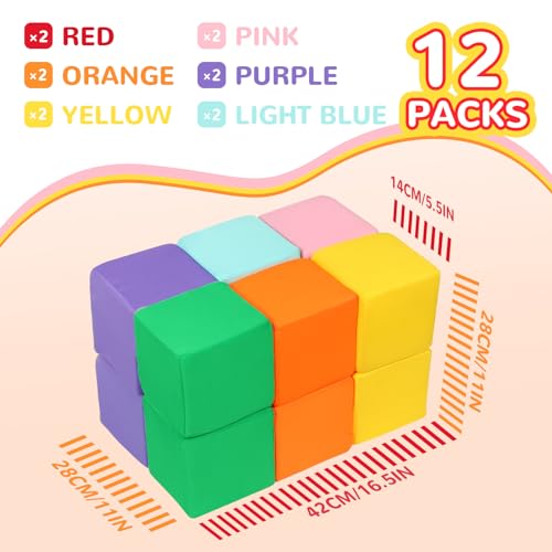 Foam Blocks for Toddlers, 12 PCS Soft Building Blocks for Kids, Large Foam Cubes Colourful Stacking Block Sets - Throw & Play Toys with Washable Cover(Pink, Light Blue, Yellow, Orange, Green, Purple) - image 2