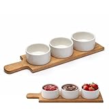 Murago - 3 x Keramikschalen mit Holztablett Servierset - Dipschalen Snackschalen weiß Vorspeisenset für Snacks Oliven Nüsse Tapas Fingerfood Servierplatte modern für Küche & Gäste Spülmaschinenfest