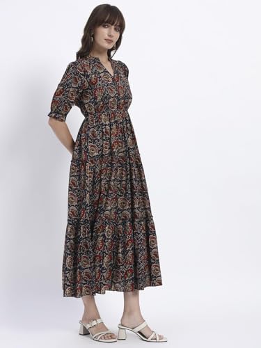 Image of Women's Fit and Flare Dress I Pure Cotton Long Summer Maxi Dress I V-Neck I Casual Wear I Printed Kalamkari Floral Middi