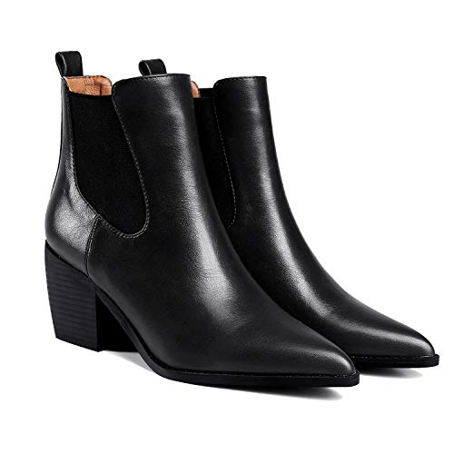 LEHOOR Women's Western Stacked Block Heel Ankle Booties Pointed Toe Mid Chunky Heel Chelsea Short Dress Boots Pull On Elastic 4-11 M US2
