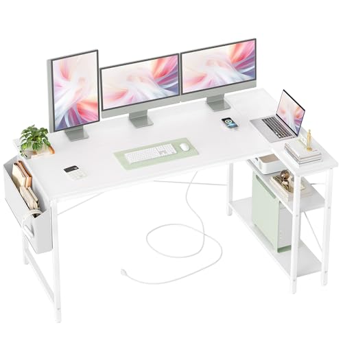 BEXEVUE Gaming Schreibtisch L-Form, 140 x 70 cm, Reversibel Gaming Tisch Computertisch mit Steckdosen und Seitentaschen, Eckschreibtisch für Büro und Homeoffice Stärker X Form Halterung, Weiß