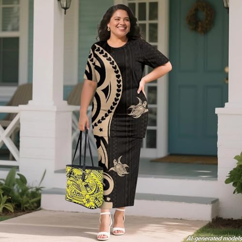 Image of Polynesian Dress for Women Short Sleeve High Waist Maxi Skirt | Puletasi dress, t-shirt and skirt two-piece, elastic material, lightweight, soft, plus size, luau party, wedding, clubwear