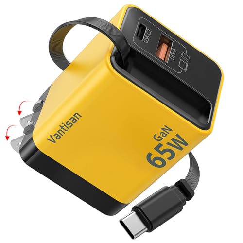 vantisan Tipo C Carga Rápido 65W,Cargador 65W Tipo C GAN Portátil,PD USB C con 2 Puertos (Tipo C 30W y USB A 65W) con Cable retráctil...
