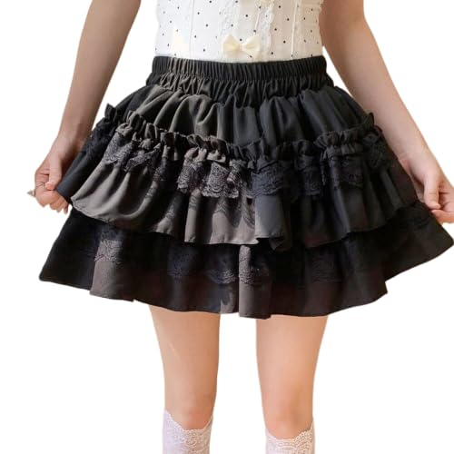 Fryloo Vestido Mujer Dulce Estilo Francés Mujeres Blanco Encaje Pastel Hinchado A-línea De Cintura Alta Adelgazamiento Anti-Peeping Ballet Falda Corta Mini Falda-Black-XS
