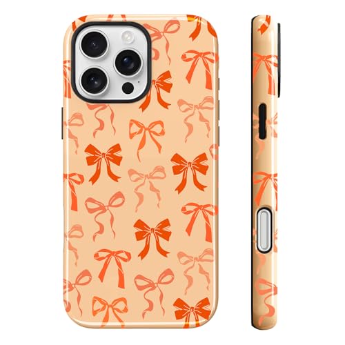 Image of Magnetic for iPhone 16 Pro Max Case for Women Men, Orange Bow | Cute Ribbon Bow Pattern Design [Compatible with MagSafe] 2-Layer Hybrid Shockproof Glossy Protective Cover