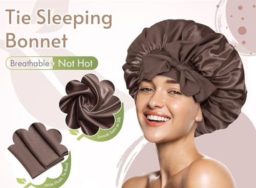 Image of Silk Bonnet for Hair with 3 Scrunchies, Adjustable Hair Cap for Sleeping, Bonnet for Curly Hair with Wide Elastic Tie Band