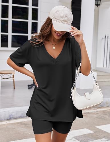 Ekouaer Womens Pajamas 2 Piece Lounge Sets Oversized V Neck T-Shirts Tops Biker Shorts Set Workout Reversible Tracksuit S-XXL2