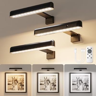 VOLISUN Picture Lights for Wall, Rechargeable Picture Light Battery Operated, 3 Color Temperatures Cordless Picture Light with Remote, Art Lighting for Paintings, Gallery, Portrait, 3 Pack (Black)