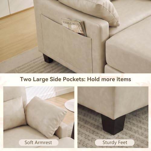Image of 58 inch Oversized Faux Leather Chaise Lounge Chair Indoor, Mid Century Modern Accent Chair with Ottoman, Deep Seat Comfy Reading Chair with Side Pocket, Single Sofa Armchair for Living Room Bedroom,Beige