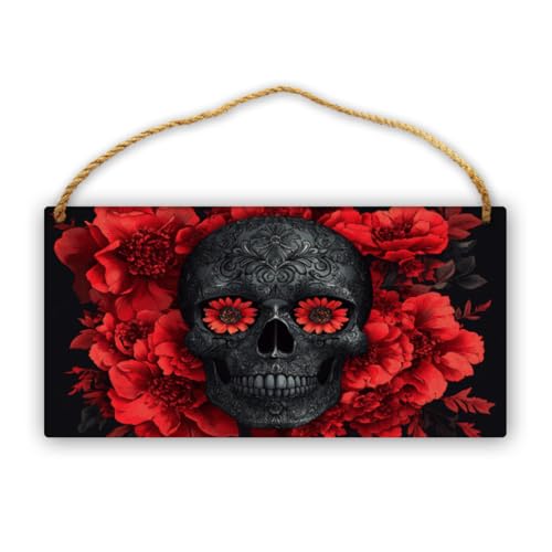 CDSASHCA Vintage Skull Adorned with Bold Red Flowers Wooden Sign 12x6 Inch - Edgy Wall Decor for Dark Art Enthusiasts, Meaningful Gift for Day