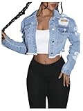 GORGLITTER Women's Cropped Denim Jackets Ripped Raw Hem Collared Button Up Long Sleeve Y2k Jeans Jacket Light Wash Small