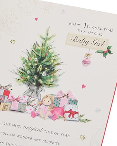 Baby Girl First Christmas Card with Envelope - Lovely, Cute, Design with Christmas Tree, Presents and Soldiers