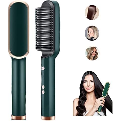 2023 New Negative Ion Hair Straightener Styling Comb, Portable 2 in 1 Hair Straightener Brush and Curler with 5 Temp/Fast Heating/Anti Scald for Home/Travel/Salon (Green) Cover