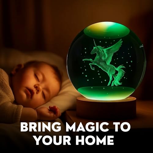 Image of 2 Pcs 3D Unicorn and Deer Crystal Ball Light, USB Powered with Wooden Base Perfect for Home Decor, Office, Birthday Gift & Kids Bedroom
