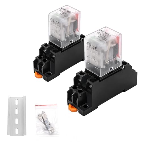 GUETNEU 2 Pcs Electromagnetic Power Relays, Green Indicator Light, 8-Pin DPDT 10 A 24 VDC Relay with Plug-in Terminal Socket, DIN Rail Mounted, CQC, CE (EE-L2CLG)