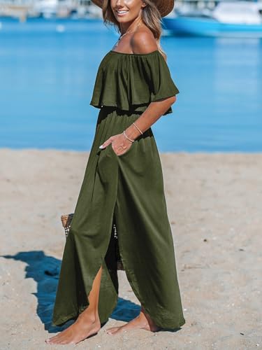 CUPSHE Women's Knit Ruffle Maxi Cover Up Dress Off Shoulder Split Hem Summer Dresses Cover Ups with Pockets3