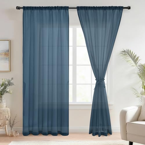 DWCN Navy Blue Pencil Pleat Sheer Net Curtains for Windows 96 Inch Drop