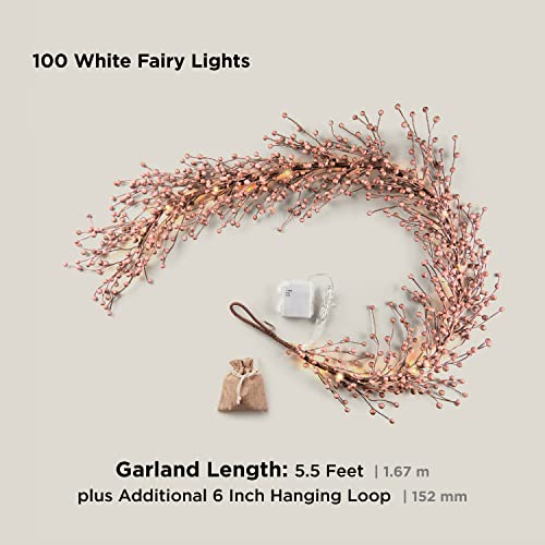 Pink Berry Garland With Lights, 5.5 Ft Grapevine Garland With Blush Pink Berries, 100 Led Lights, Lighted Garland Decor, Battery Operated Pink Christmas Garlands Fireplace Mantel Decorations #TOP4