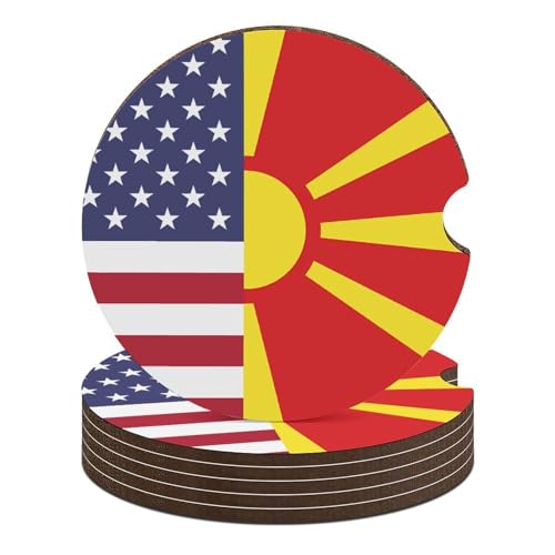Dessous de Verre de Voiture en Bois de 6,6 cm avec Porte-gobelet et Tapis en liège, Motif Drapeau américain et Macédoine du Nord (Lot de 6).