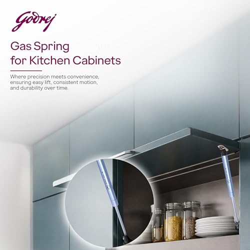 Image of Godrej Kitchen Fittings | Regular Hydraulic Gas Spring | 100N | for Kitchen Cabinets | High-Strength Steel with Chrome Plating | Multi-Angle Install | Hands-Free Door Support | Metal Clips