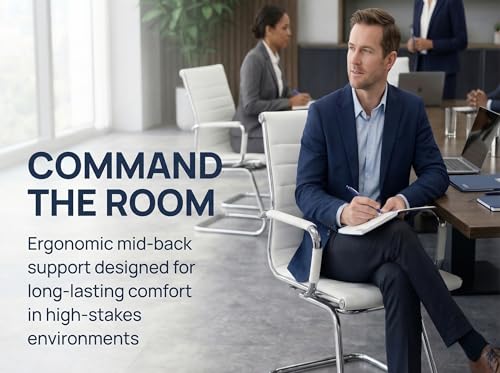 Image of Conference Room Chairs Set of 6, Waiting Room Chairs with Arms, Faux Leather Reception Chairs No Wheels, Office Guest Chairs with Mid Back Support and Chrome Sled Base, White
