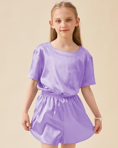 Petite&Me Silk Girls Pajamas Soft T-Shirt Flowy Shorts Flora Party Sleepwear Set for Kids/Teens2