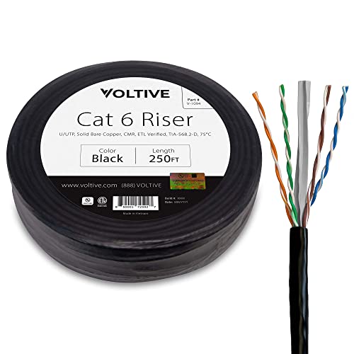 Voltive Cat6 Riser, 250ft, Black - Solid Bare Copper Bulk Ethernet Cable - UTP CMR - 600MHz - UL Certified & ETL Verified
