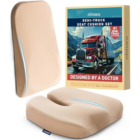 Elmara Truck Driver Seat Cushion & Back – Doctor-Designed Seat Cushion for Truck Driver – Semi Truck Seat Cushion – Truck Driver Accessories – The Ultimate Comfort Solution for 18 Wheelers (Cream) Cover