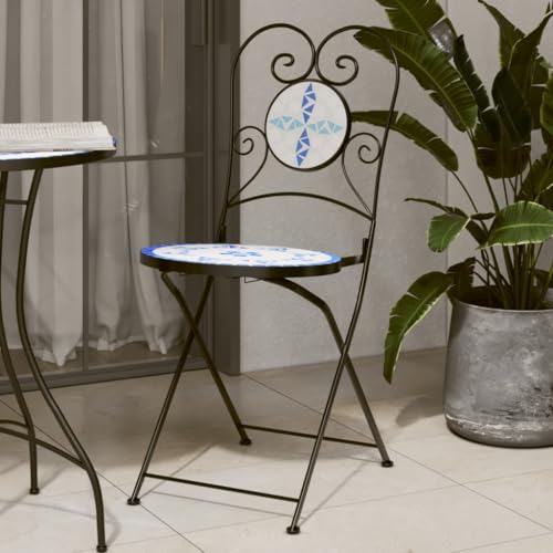 PUGYNBK Foldable Bistro Chairs 2 pcs Blue and White Ceramic Mosaic Design for Garden Patio Balcony, Sturdy Powder-Coated Iron Frame and Durable Easy-Clean Tabletop
