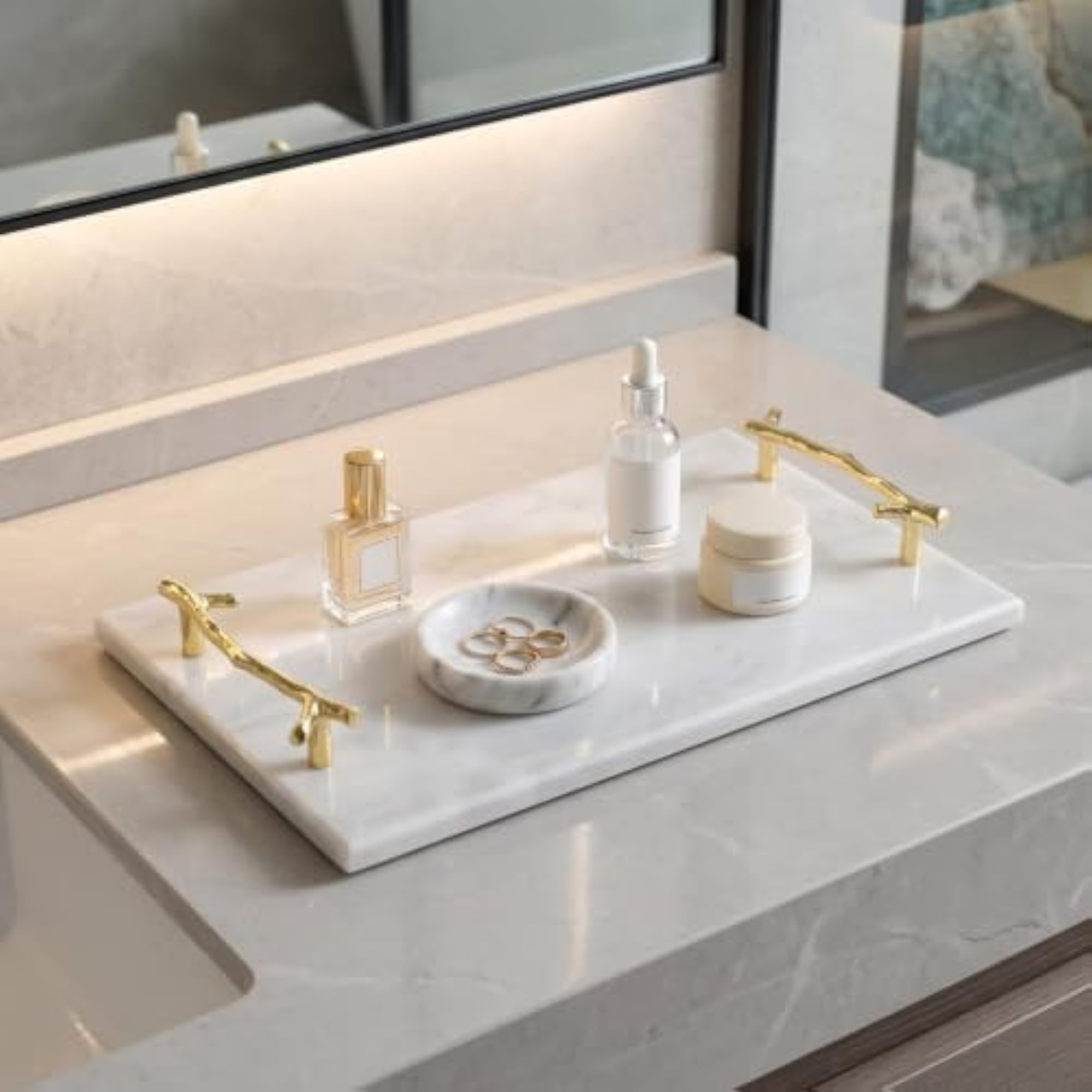 Rectangular Marble Tray with Handles, Multipurpose Stone Design