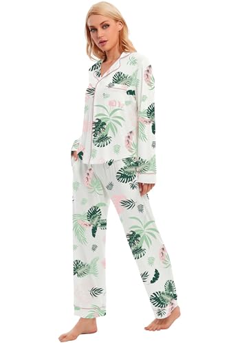 Image of LUBOT 100% Cotton Pajamas for Women Pajama Set 2 Piece PJ Sleepwear Set Soft Ladies Button Knit Long Sleeve Loungewear XS-XXL