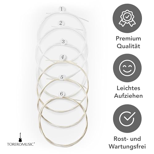 TOREROMUSIC® - Gitarrensaiten Konzertgitarre. Nylon und Silber. Premium Nylon-Saiten für Akustikgitarre, Konzertgitarre und Klassische Gitarre (6-Saiten-Set), inkl. 3 Plektren