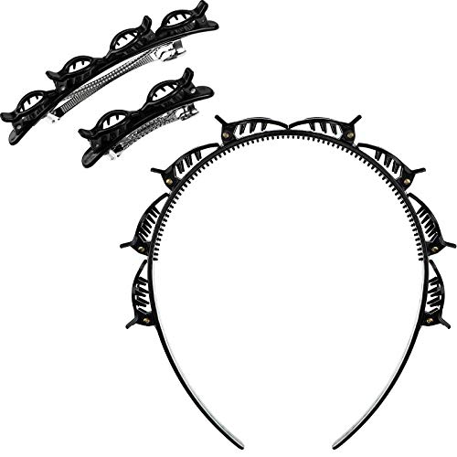 3 Pieces Double Layer Twist Plait Headband Hair Tools, Double Bangs Hairstyle Hairpin Double Layer Clips and Multi-Layer Hollow Woven Headband Double Bangs for Hair Accessories (Black)