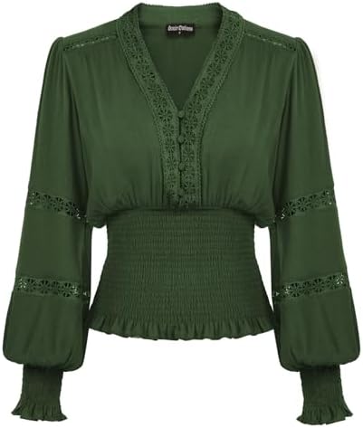 SCARLET DARKNESS Bluse Damen Elegant Mittelalter Gesmokt Langarmshirt