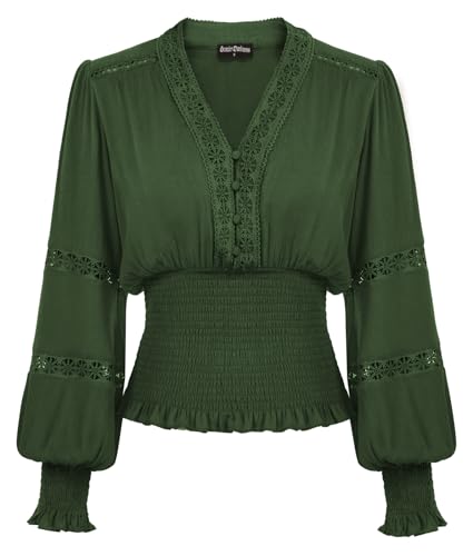 Image of SCARLET DARKNESS Women's Vintage Blouse Medieval Renaissance V Neck Smocked Shirt Elegant Lantern Sleeve Victorian Tops for Christmas Party S Olive Green