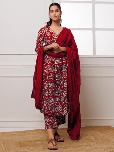 Image of GoSriKi Women's Cotton Blend Anarkali Printed Kurta with Pant & Dupatta