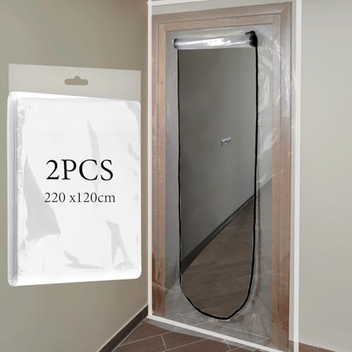Dust Door Cover with Zip - Transparent 220 x 120 cm Doorway Dust Protector with Masking Tape (2 Pack)